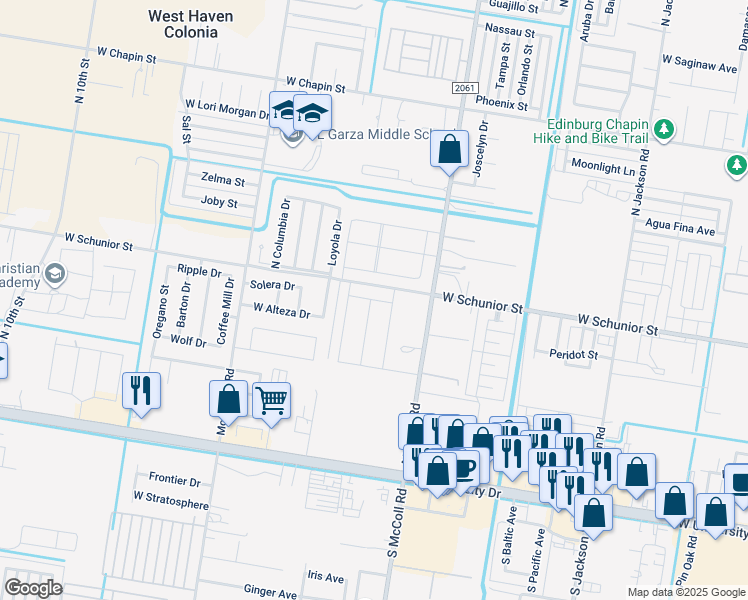 map of restaurants, bars, coffee shops, grocery stores, and more near 3524 West Schunior Street in Edinburg