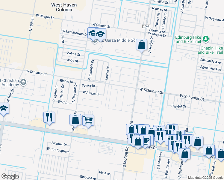 map of restaurants, bars, coffee shops, grocery stores, and more near 3524 West Schunior Street in Edinburg