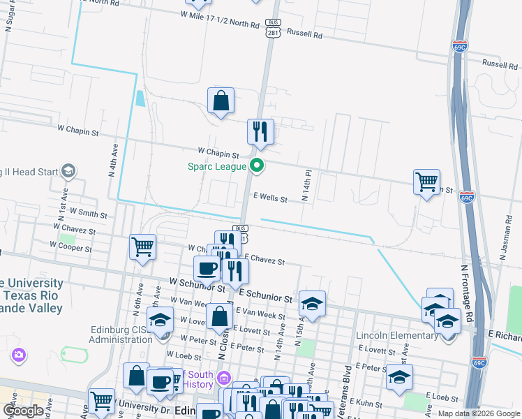 map of restaurants, bars, coffee shops, grocery stores, and more near 1222 North Closner Boulevard in Edinburg