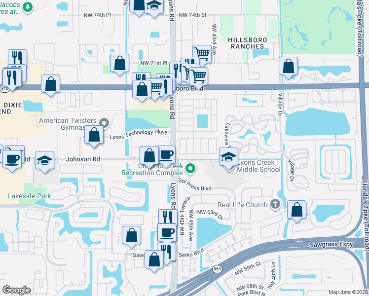 map of restaurants, bars, coffee shops, grocery stores, and more near 6741 Northwest 45th Way in Coconut Creek