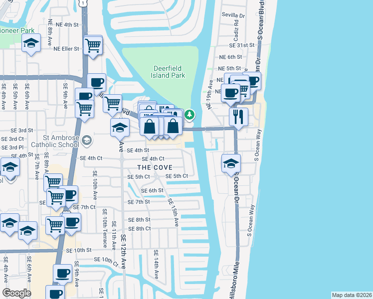 map of restaurants, bars, coffee shops, grocery stores, and more near 410 Southeast 17th Terrace in Deerfield Beach