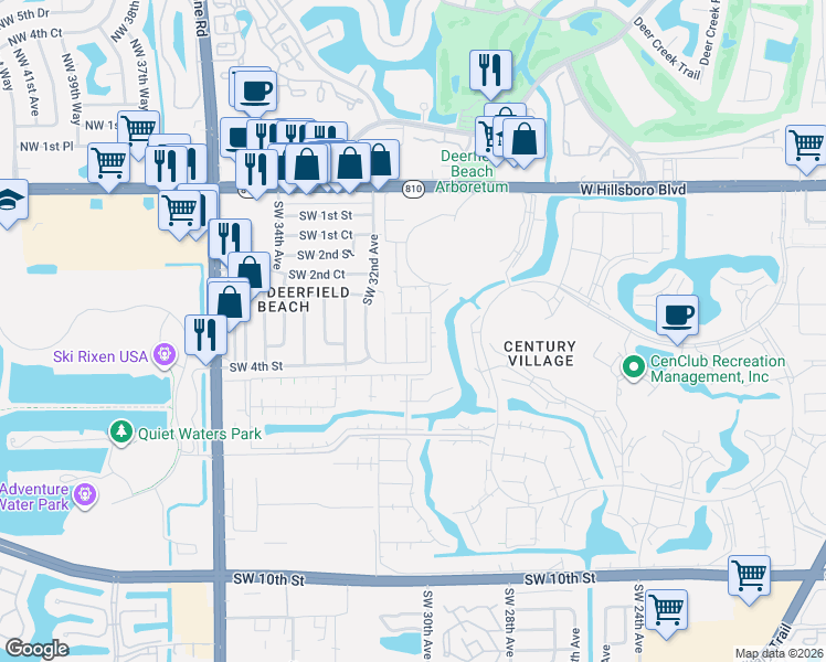 map of restaurants, bars, coffee shops, grocery stores, and more near 346 Southwest 30th Terrace in Deerfield Beach