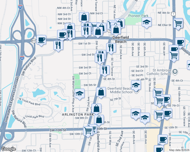 map of restaurants, bars, coffee shops, grocery stores, and more near 167 Southwest 4th Street in Deerfield Beach