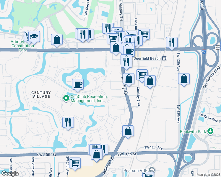 map of restaurants, bars, coffee shops, grocery stores, and more near 21 Upminster Drive in Deerfield Beach