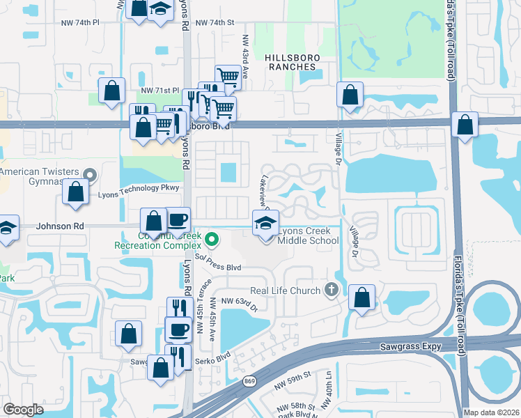 map of restaurants, bars, coffee shops, grocery stores, and more near 6740 Northwest 44th Avenue in Coconut Creek