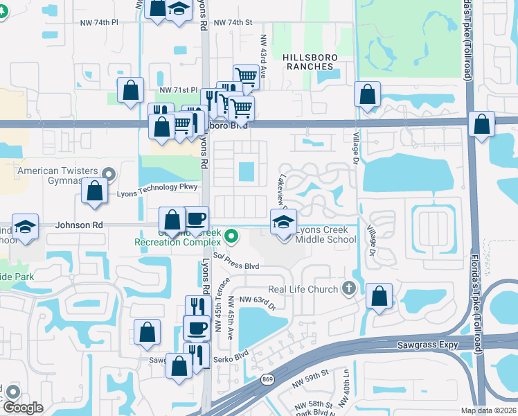 map of restaurants, bars, coffee shops, grocery stores, and more near 6740 Northwest 44th Avenue in Coconut Creek