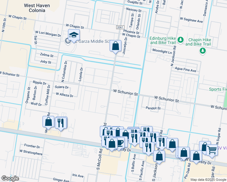 map of restaurants, bars, coffee shops, grocery stores, and more near 3524 West Schunior Street in Edinburg