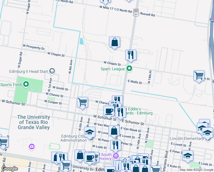 map of restaurants, bars, coffee shops, grocery stores, and more near 220 Teak Drive in Edinburg