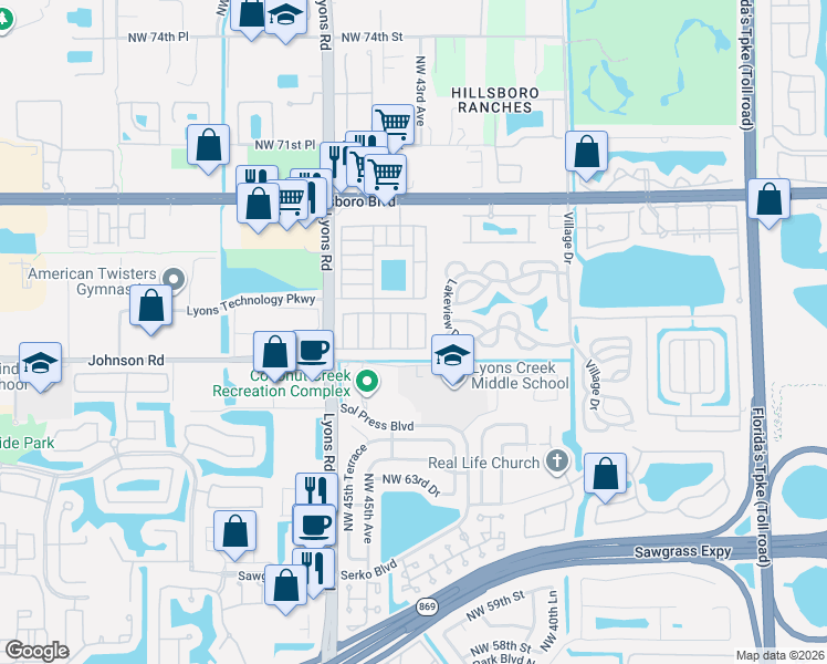 map of restaurants, bars, coffee shops, grocery stores, and more near 6740 Northwest 44th Avenue in Coconut Creek