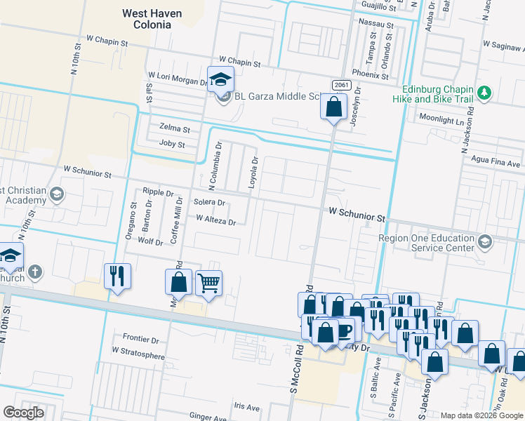map of restaurants, bars, coffee shops, grocery stores, and more near 3524 West Schunior Street in Edinburg