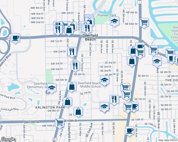 map of restaurants, bars, coffee shops, grocery stores, and more near 375 Southeast 2nd Avenue in Deerfield Beach