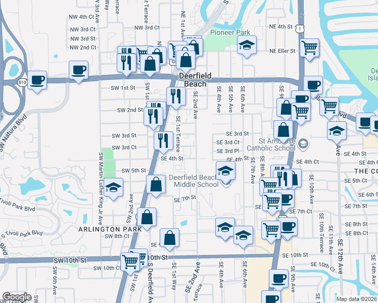 map of restaurants, bars, coffee shops, grocery stores, and more near 375 Southeast 2nd Avenue in Deerfield Beach
