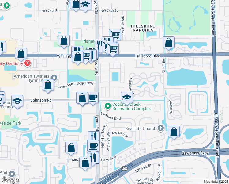 map of restaurants, bars, coffee shops, grocery stores, and more near 6730 Northwest 44th Terrace in Coconut Creek