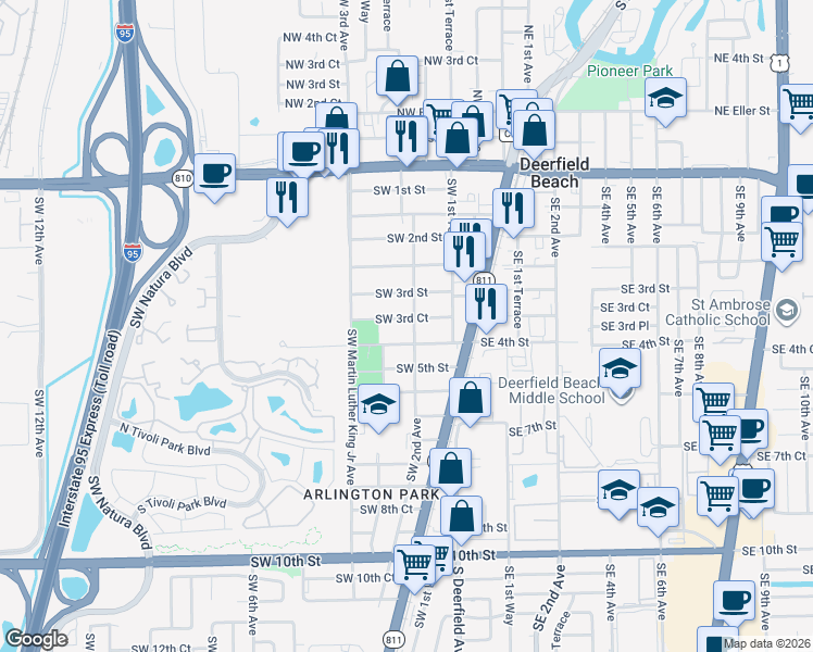 map of restaurants, bars, coffee shops, grocery stores, and more near 210 Southwest 3rd Court in Deerfield Beach