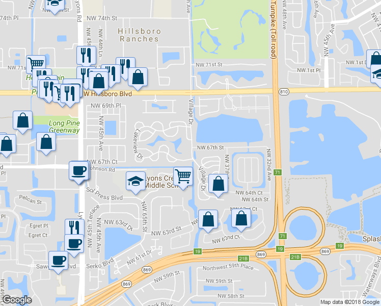 map of restaurants, bars, coffee shops, grocery stores, and more near 3878 Northwest 67th Street in Coconut Creek