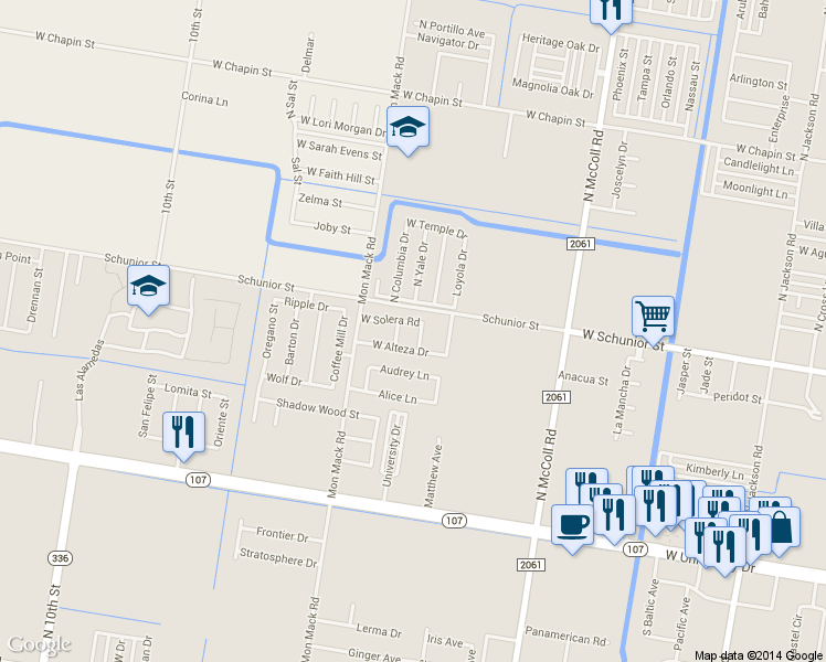 map of restaurants, bars, coffee shops, grocery stores, and more near 621 North Santa Anna Road in Edinburg