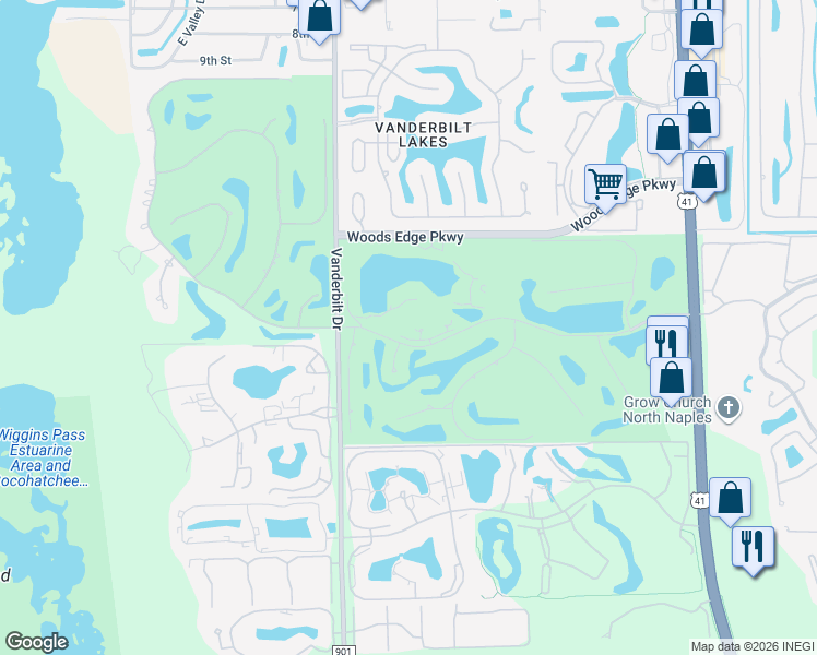 map of restaurants, bars, coffee shops, grocery stores, and more near 559 Audubon Boulevard in Naples