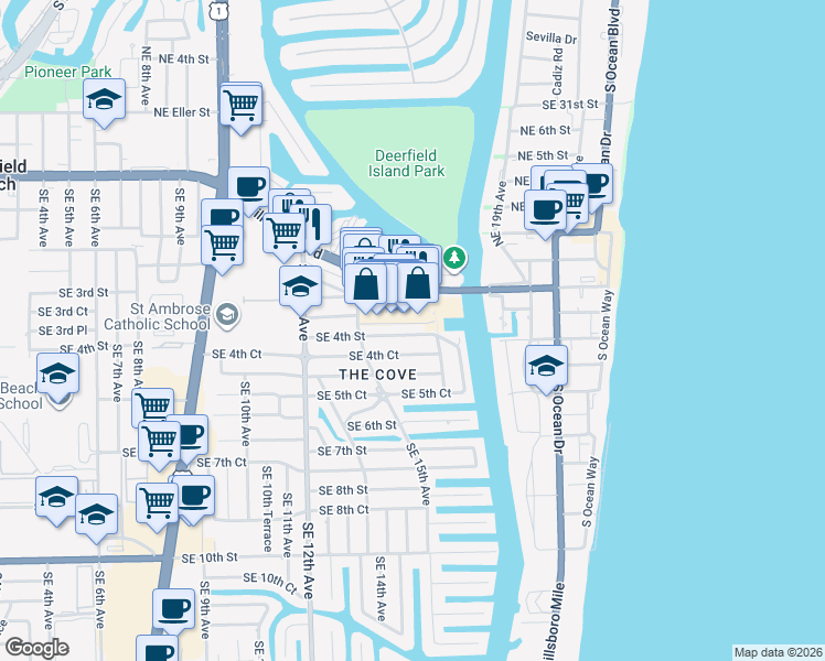 map of restaurants, bars, coffee shops, grocery stores, and more near 1633 Southeast 4th Street in Deerfield Beach