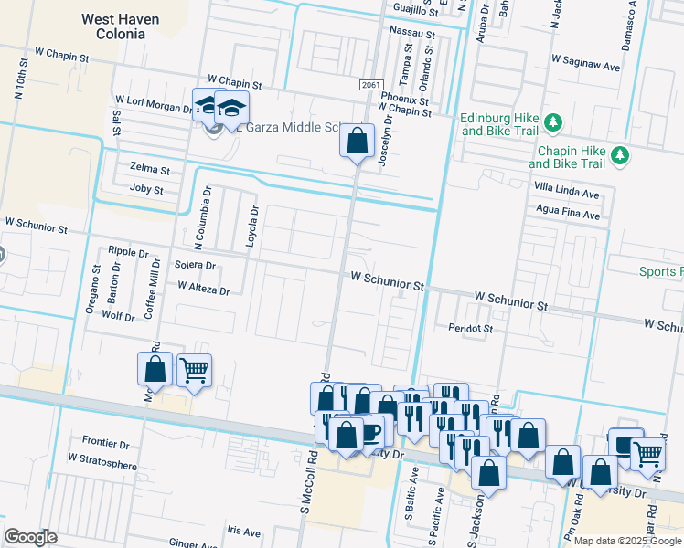 map of restaurants, bars, coffee shops, grocery stores, and more near West Schunior Street in Edinburg