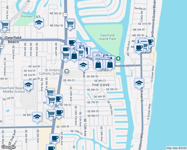 map of restaurants, bars, coffee shops, grocery stores, and more near 1341 Southeast 4th Street in Deerfield Beach