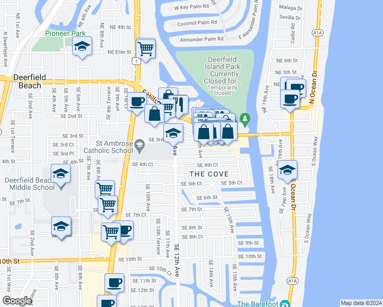 map of restaurants, bars, coffee shops, grocery stores, and more near 1341 Southeast 4th Street in Deerfield Beach