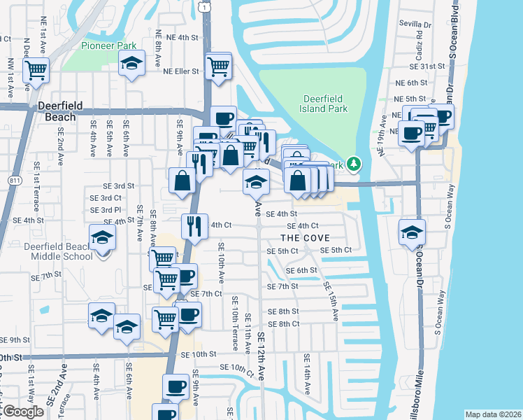 map of restaurants, bars, coffee shops, grocery stores, and more near 363 Southeast 12th Avenue in Deerfield Beach