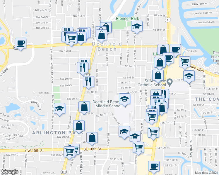 map of restaurants, bars, coffee shops, grocery stores, and more near 375 Southeast 2nd Avenue in Deerfield Beach