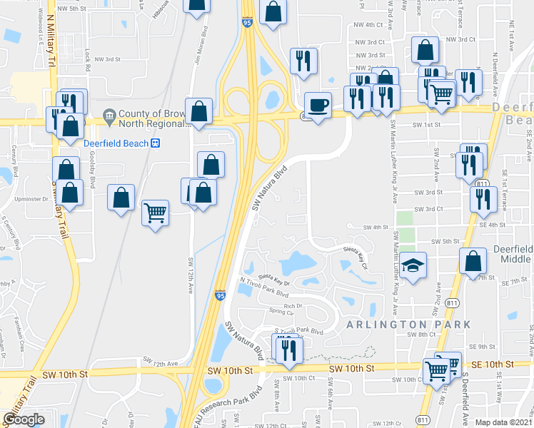 map of restaurants, bars, coffee shops, grocery stores, and more near 3500 Southwest Natura Boulevard in Deerfield Beach