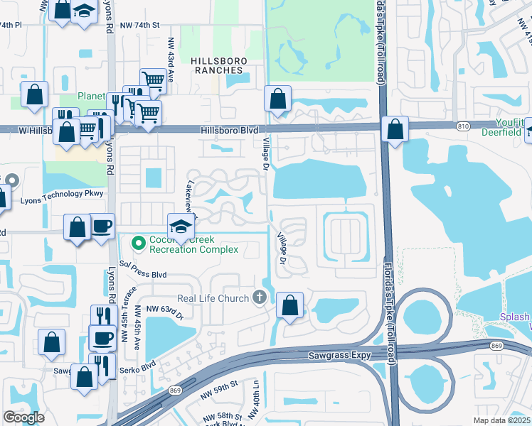 map of restaurants, bars, coffee shops, grocery stores, and more near 3878 Northwest 67th Street in Coconut Creek