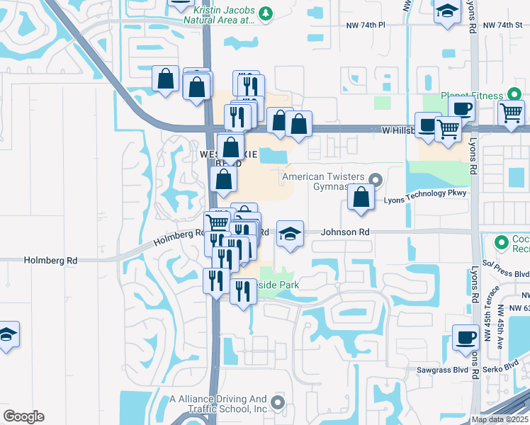 map of restaurants, bars, coffee shops, grocery stores, and more near 5461 Johnson Road in Coconut Creek