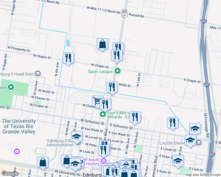 map of restaurants, bars, coffee shops, grocery stores, and more near 1142 North Closner Boulevard in Edinburg