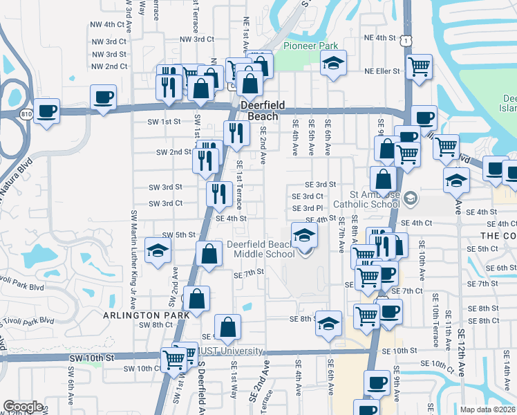 map of restaurants, bars, coffee shops, grocery stores, and more near 366 Southeast 1st Way in Deerfield Beach