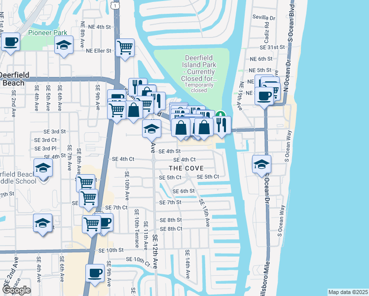 map of restaurants, bars, coffee shops, grocery stores, and more near 1533 Southeast 4th Street in Deerfield Beach