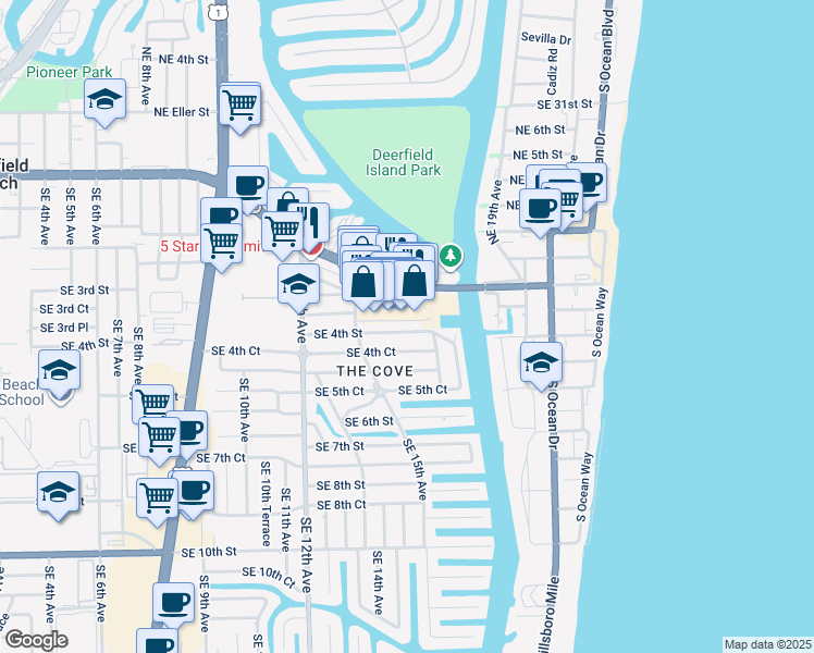 map of restaurants, bars, coffee shops, grocery stores, and more near 1633 Southeast 4th Street in Deerfield Beach