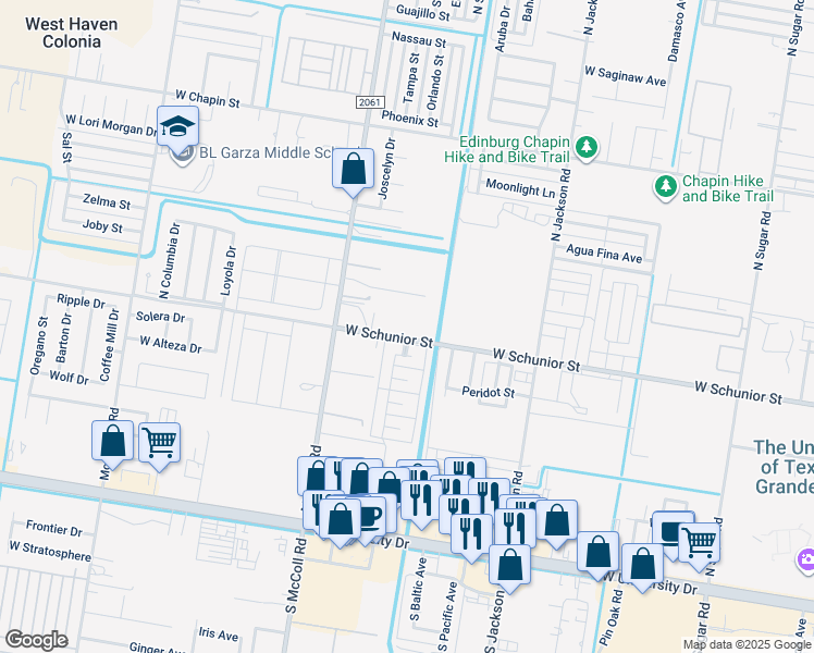 map of restaurants, bars, coffee shops, grocery stores, and more near 2603 West Schunior Street in Edinburg