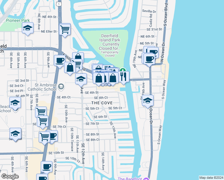 map of restaurants, bars, coffee shops, grocery stores, and more near 1633 Southeast 4th Street in Deerfield Beach