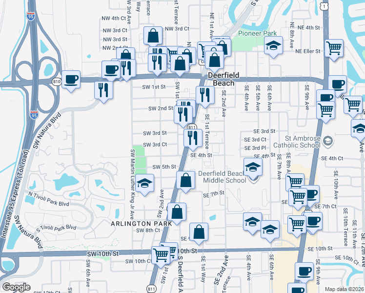 map of restaurants, bars, coffee shops, grocery stores, and more near 365 South Dixie Highway in Deerfield Beach