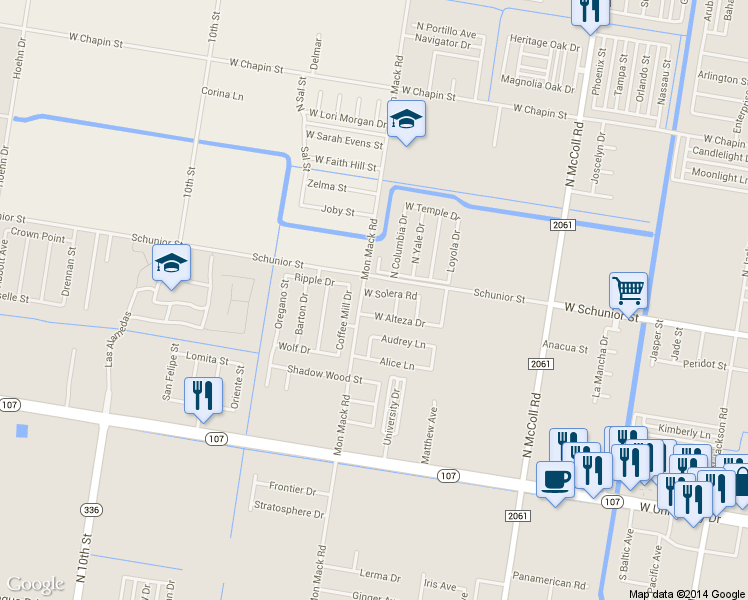 map of restaurants, bars, coffee shops, grocery stores, and more near 3516 West Solera Road in Edinburg