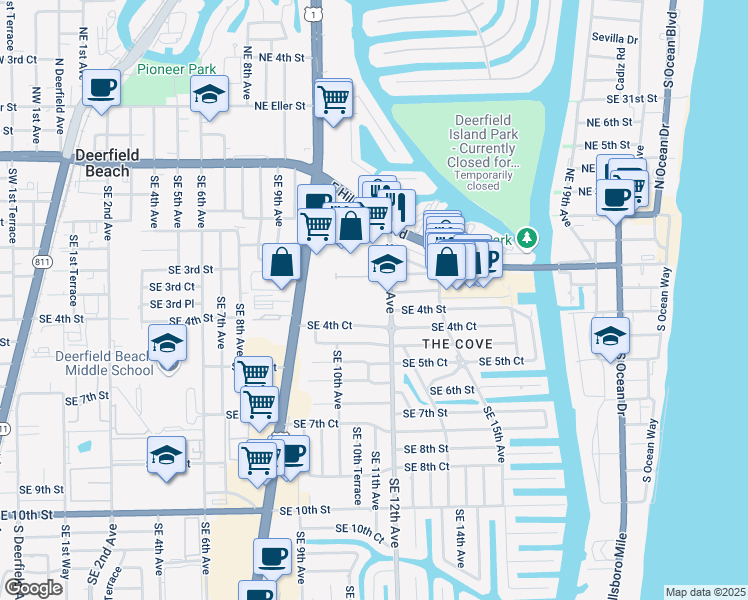 map of restaurants, bars, coffee shops, grocery stores, and more near 363 Southeast 12th Avenue in Deerfield Beach