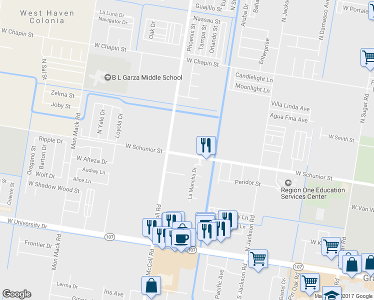 map of restaurants, bars, coffee shops, grocery stores, and more near 2717 West Schunior Street in Edinburg