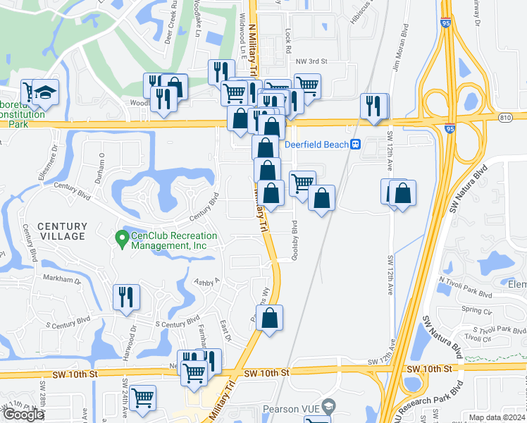map of restaurants, bars, coffee shops, grocery stores, and more near 384 South Military Trail in Deerfield Beach