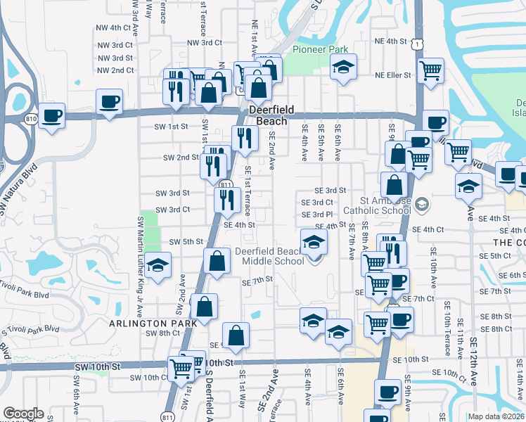 map of restaurants, bars, coffee shops, grocery stores, and more near 375 Southeast 2nd Avenue in Deerfield Beach