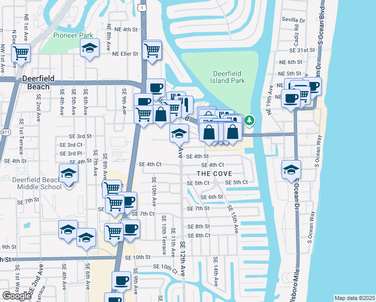 map of restaurants, bars, coffee shops, grocery stores, and more near 1341 Southeast 4th Street in Deerfield Beach