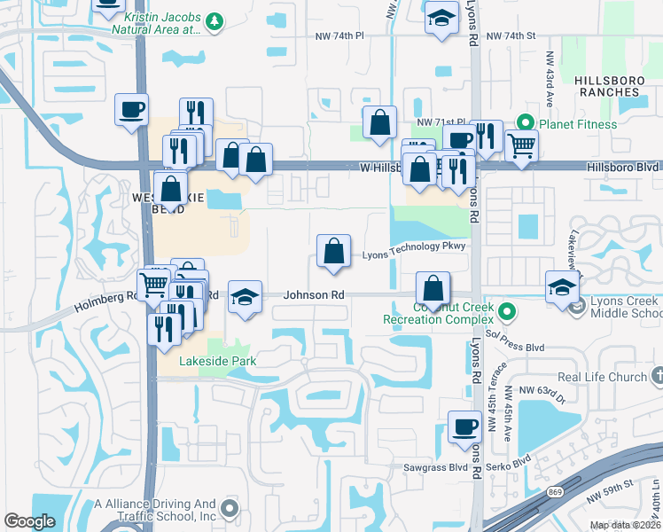 map of restaurants, bars, coffee shops, grocery stores, and more near 4800 Lyons Technology Parkway in Coconut Creek