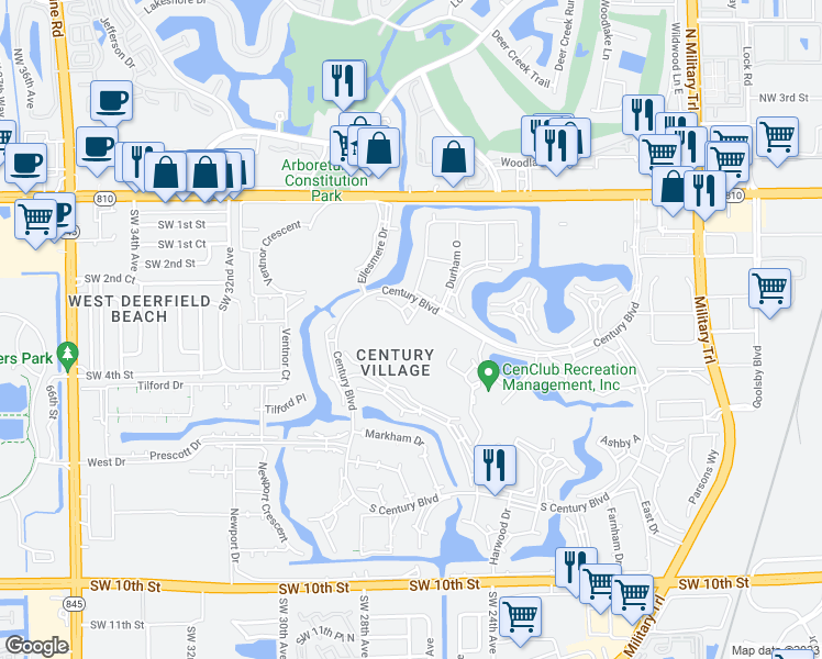map of restaurants, bars, coffee shops, grocery stores, and more near 250 Century Boulevard in Deerfield Beach