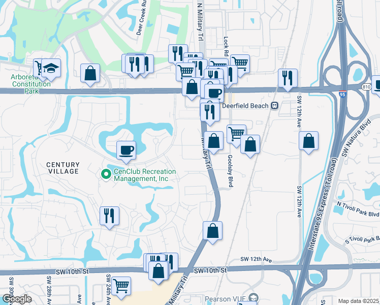 map of restaurants, bars, coffee shops, grocery stores, and more near 21 Upminster Drive in Deerfield Beach