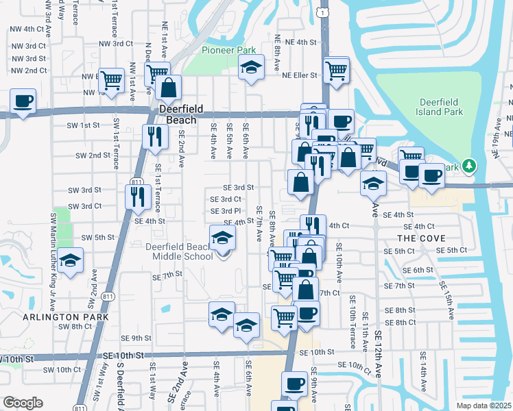 map of restaurants, bars, coffee shops, grocery stores, and more near 320 Southeast 6th Avenue in Deerfield Beach