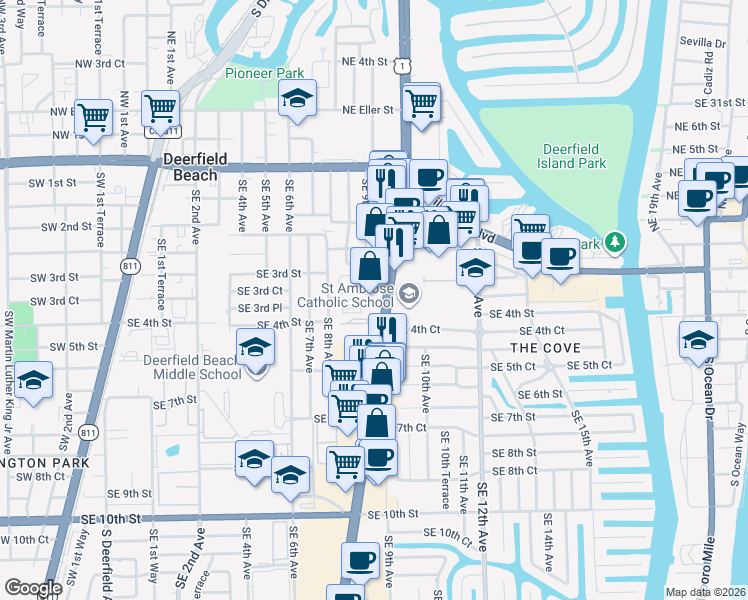 map of restaurants, bars, coffee shops, grocery stores, and more near 415 South Federal Highway in Deerfield Beach