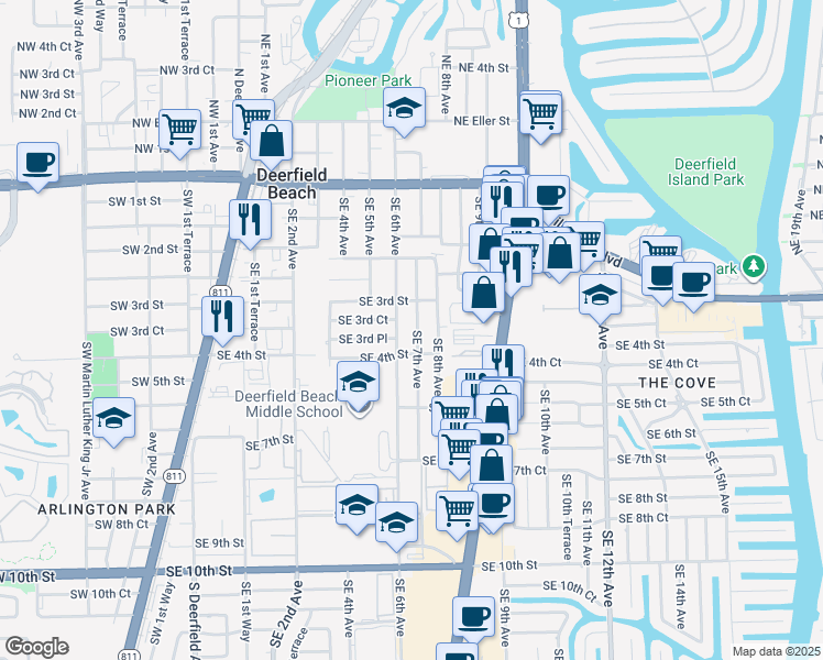 map of restaurants, bars, coffee shops, grocery stores, and more near 320 Southeast 6th Avenue in Deerfield Beach