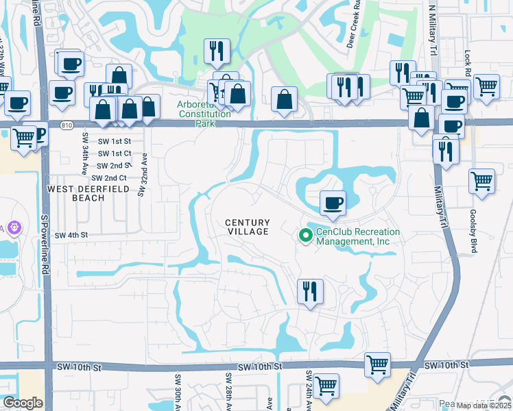 map of restaurants, bars, coffee shops, grocery stores, and more near 250 Century Boulevard in Deerfield Beach
